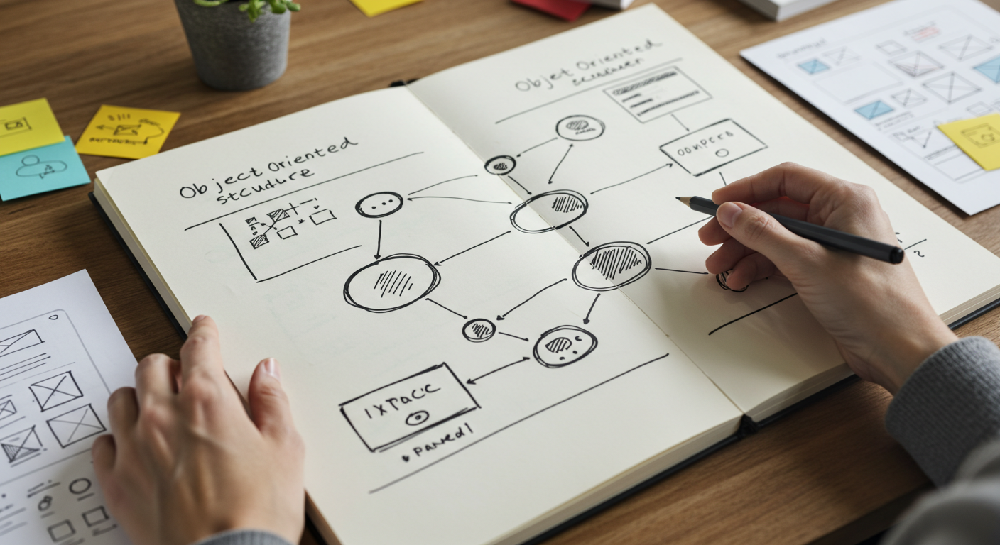 A diagram showing core objects and their relationships in an OOUX model